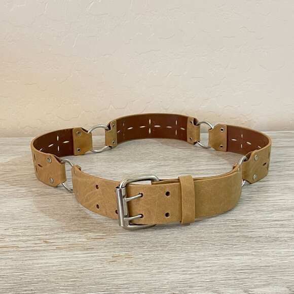 BKE Belt Large Tan Leather Silver O Links Cut Out Design - Picture 1 of 9